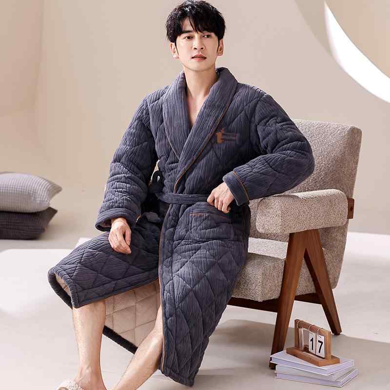 【百貨店SALE】メンズ 浴袍 御部屋御召しもの 秋冬 朦朦たる 赤珊瑚絨 ロング丈 保暖 綿入れ 御部屋着 生あたたかい パステル色の 老人ホーム流行り物 ゆったり 着心地 好いたらしい