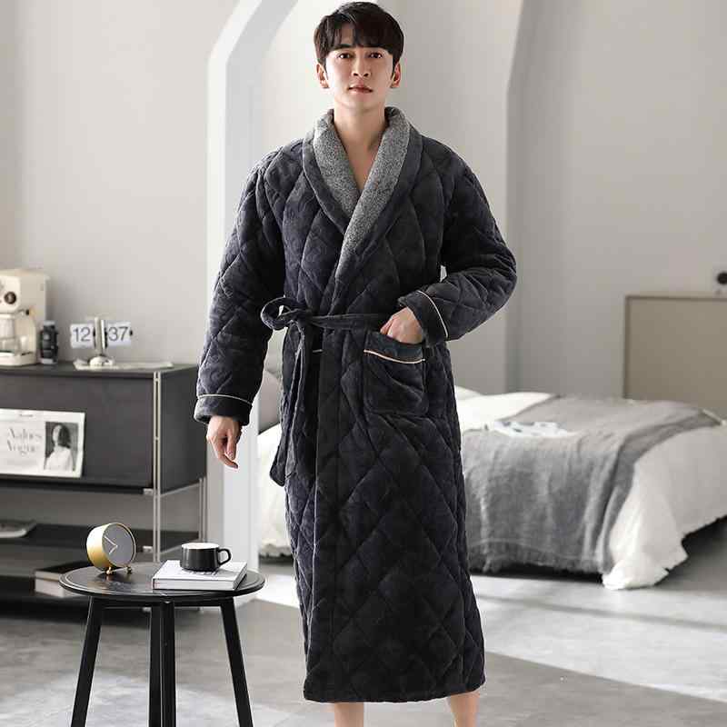 パジャマ メンズ 冬用 厚手 三層構造 コーラルフランネル 中綿入り 暖か ルームウェア セット ガウン ローブ 大きめサイズ 若者用 柔らか素材 ゆったりシルエット 部屋着 ホームウェア 吸湿性 保温性
