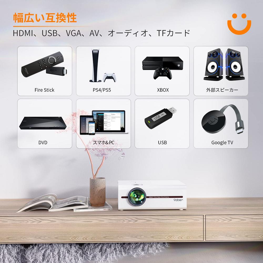 YABER V5プロジェクター小型9000lm 1080フルHD対応高輝度5GWifi Bluetoothデュアルスピーカー内蔵  ズーム機能Mini屋外使用可 スマホ タブレット PS5 TV Stick ゲームプレイヤー DVDプレイヤーなど多種多様な機器と接続可能 ホーム プロジェクター
