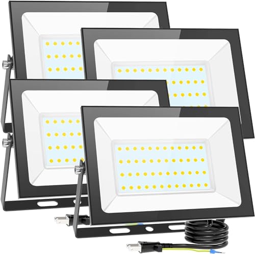 サイズ：80W「4個セット」 KIWEN 超薄型・4個セット LED投光器 80W 10000LM 昼光色 ledライト 屋外 IP66 防水 豪雨対応 作業灯 led 100V対応 アース付きプラグ PSE認証済 灯光器 高演色Ra85以上 外灯 高輝