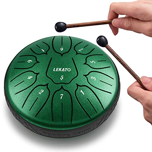 色：ジェイドグリーン スリットドラム スチールタングドラム LEKATO 金属ドラム 11音 6インチ 打楽器 マレット 収納バッグ付き 瞑想 ヨガ 禅 (ジェイドグリーン)