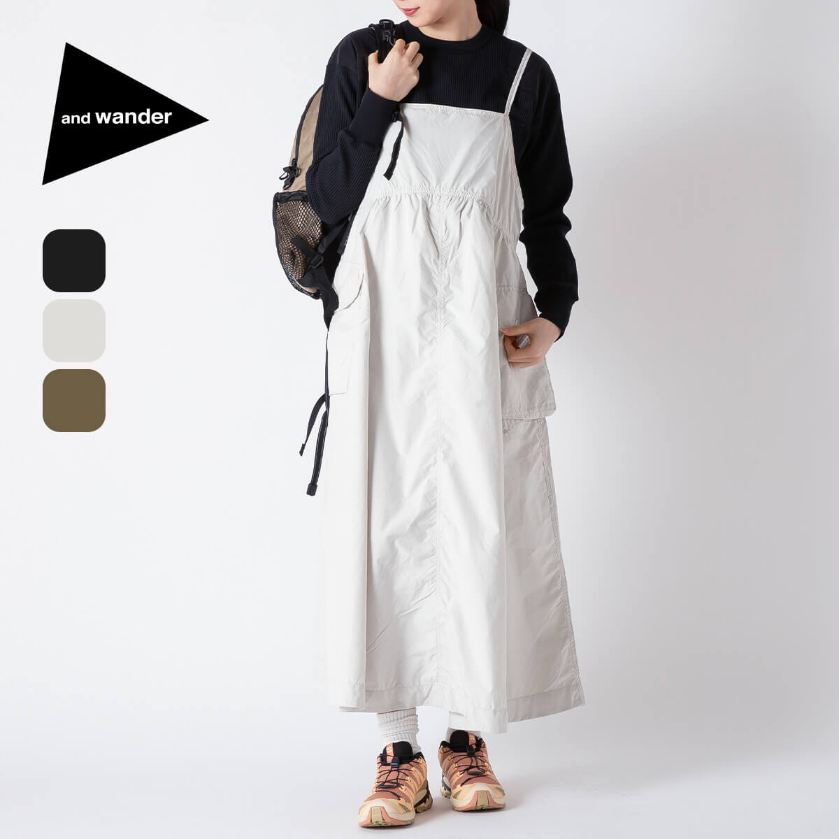 アンドワンダー オーバーサイズカーゴドレス and wander oversized cargo dress ウィメンズ レディース 5746183091 衣装 キャミソール 前掛けスコート 撥水 御祭り 今めかしい 難民キャンプ アウトドア