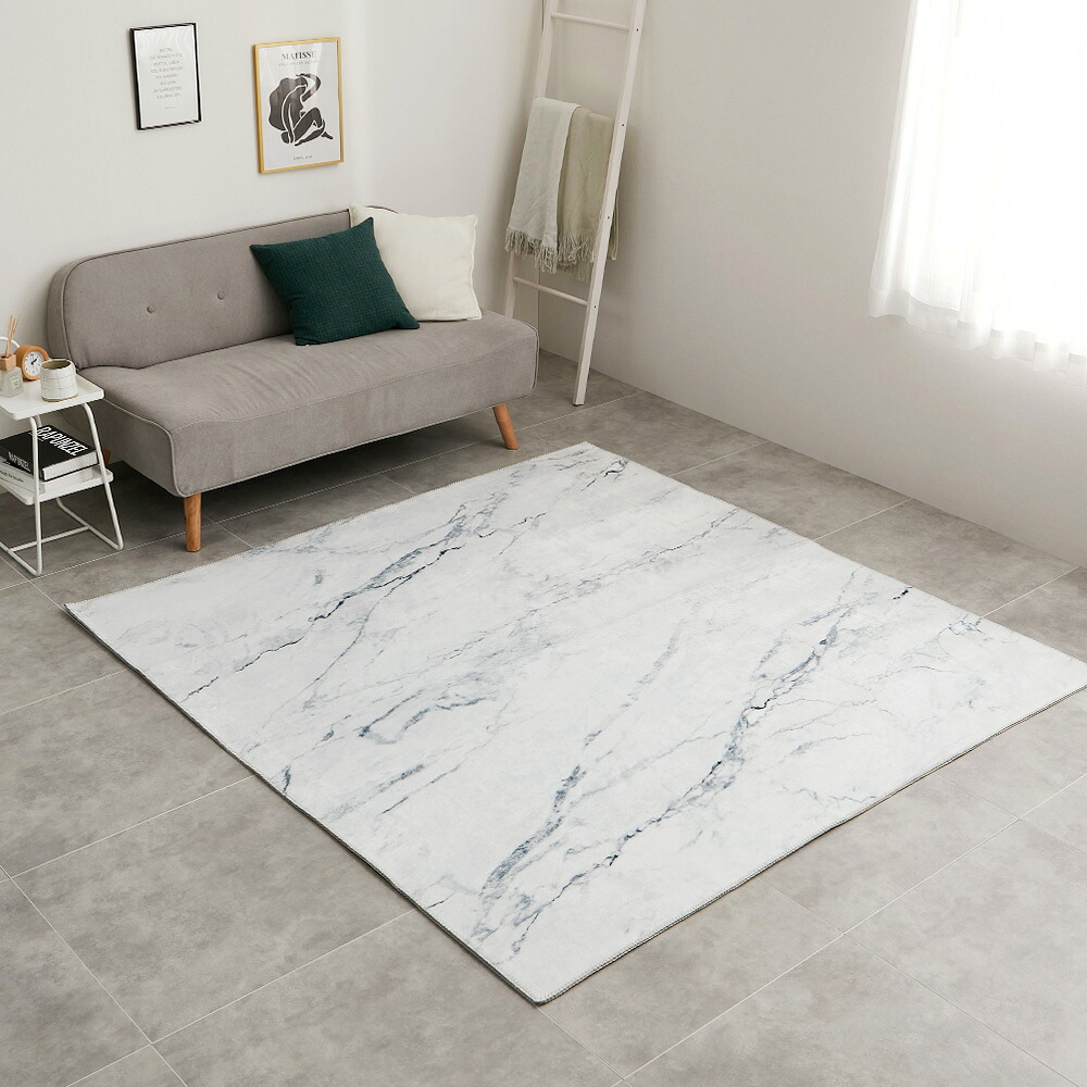大理石柄のソフトフランネルラグ 190×190cm ホワイト 【直送品】 返品・キャンセル・他商品と同時購入は不可