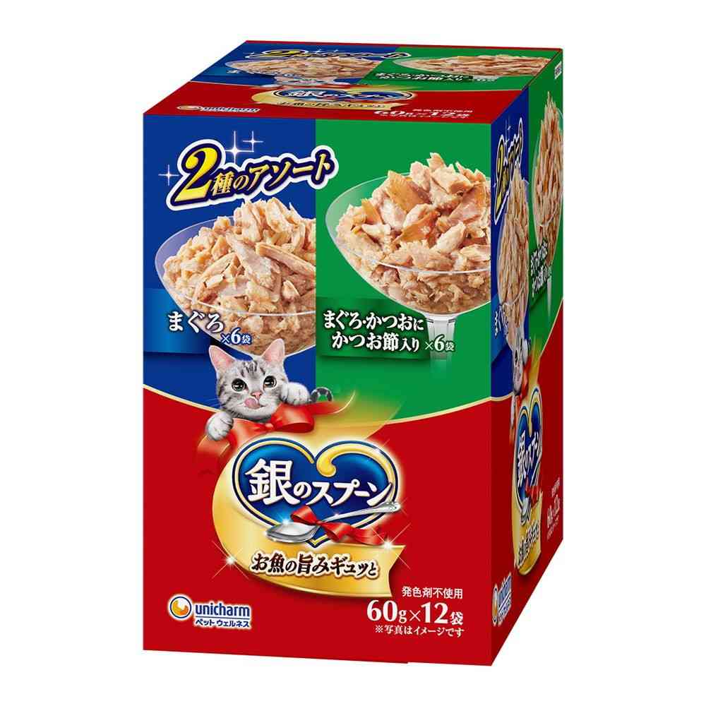 ユニ・チャーム 銀のスプーン パウチ まぐろ＆まぐろ・かつおにかつお節入り 60g&times;12袋 【10個セット】｜サンドラッグe-shop