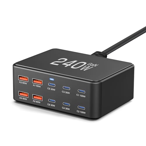 USB充電器 合計240W PD充電器単ポート100W/PD 3.0/10ポート搭載タイプ-C*6&USB-A*4 USB コンセント PSE認