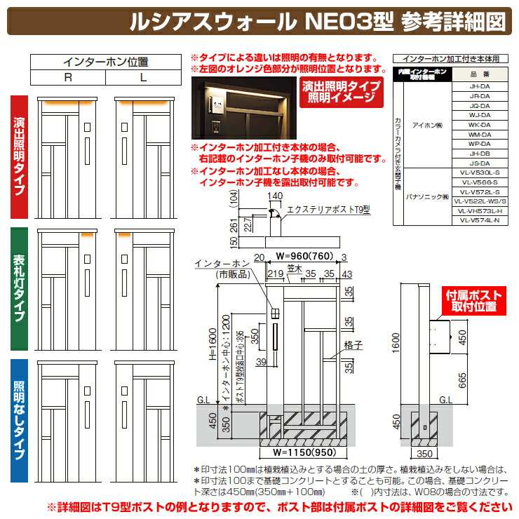 機能門柱/機能ポール/ルシアスウォールNE03型/参考詳細図