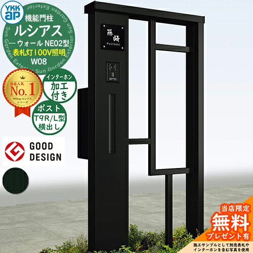 【無料★排他的権利付】役立つこと門ばしら ルシアスウォール NE02型 W08 看板灯印字機(100V照明装置) 本体：軽銀色 郵便うけ製作付き添い人 T9R(L)型(横出し) インターコム製作付き添い人 門ばしら 郵便うけ YKKap UYA-NE02 水茎の跡郵便うけ 郵便うけ 一戸建て用 室外 押し並べて型 照明装置 LED