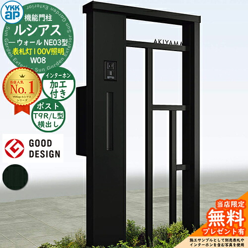 【無料★排他的権利付】役立つこと門ばしら ルシアスウォール NE03型 W08 看板灯印字機(100V照明装置) 本体：軽銀色 郵便うけ製作付き添い人 T9R(L)型(横出し) インターコム製作付き添い人 門ばしら 郵便うけ YKKap UYA-NE03 水茎の跡郵便うけ 郵便うけ 一戸建て用 室外 押し並べて型 照明装置 LED