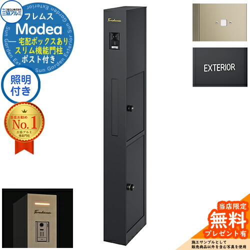 【無料★排他的権利付】フレムス Modea モデア 照明装置内蔵 宅配ボックス席あり+明るさ検知器ダイアログボックス+文字押捺 三協軽銀 門ばしら 郵便受け 役立つこと門ばしら 置き手紙郵便受け 今めかしい 大電気容量 一戸建て用 原則として型 牡極点読み合わせる品 想い浮かべる：黒いこと
