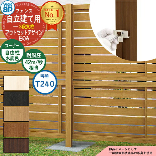 アルミフェンス アウトセットデザイン 自立建て用 3段支柱 (耐風性能42m/秒相当) ポールのみ ※柱ピッチ1m以内 H2470 呼称：T240 木調カラー YKKap 多段支柱 目隠し 囲い 多段柱 自立建用 ラティス ルーバー 目隠しフェンス 屋外 アルミ おしゃれ