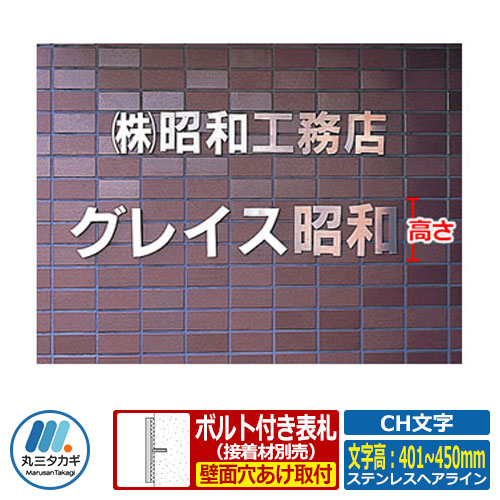 表札 切り文字表札 CH文字 ステンレスヘアライン 文字高：401～450mm 丸三タカギ 看板 銘板 立体文字 ステンレス表札 企業用 会社用 工業用 マンション用 商業用 業務用 屋号 家号 サイン ネームプレート