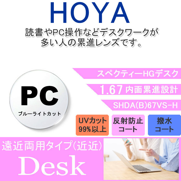 【度付き / 近近 PC用 透明レンズ】HOYA 内面累進設計 1.67 SHD67BP 薄型レンズ テレビ パソコン スマートフォン ブルーライトカット 度あり UVカット サングラス 眼鏡 メガネ レンズ交換費無料 他店フレーム交換対応 カラーレンズ対応|左右 2枚1組|SUNGLASS HOUSE-サングラスハウス-