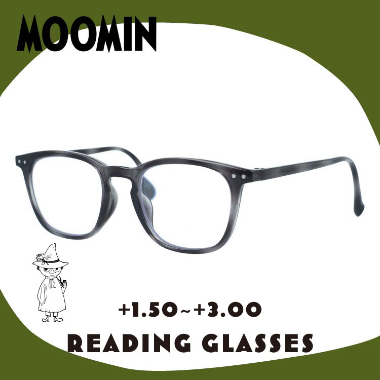 ムーミン 老眼鏡 アジアンフィット MOOMIN MOR 303 スナフキン 50サイズ 度数：+1.50～+3.00 スクエア型 バネ蝶番 丁番 オリジナルポーチ付き リーディンググラス シニア グラス ユニセックス メンズ レディース