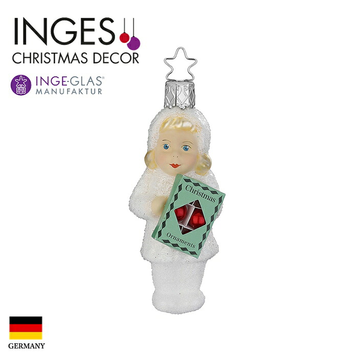 100369 INGE-GLAS(インゲ・グラス)MANUFAKTUR(マニュファクチャー)ドイツ直輸入 ［雪のこどもたち］ 赤いオーナメントが入った箱を持ったこども 9cm クリスマスツリー オーナメント クリスマスオーナメント 北欧 サングッド sungood 10033S022 [100369]