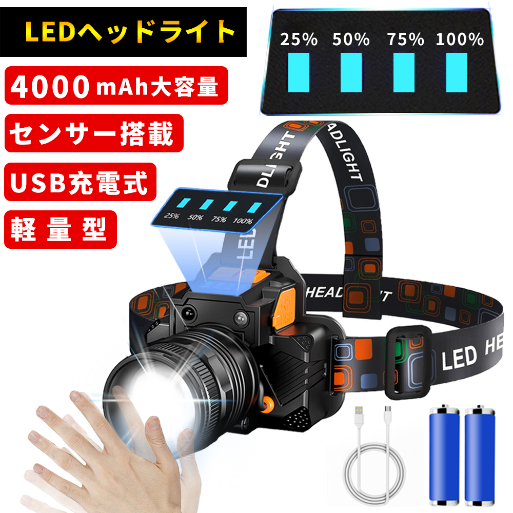 ヘッドライト LEDヘッドランプ USB充電式 高輝度 LED 8つモード 通販