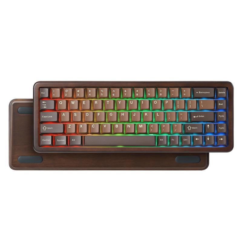 YUNZII WOOD68 ワイヤレスメカニカルキーボード 68%レイアウト 木製 ゲーミングキーボード BT/2.4G/USB-C RGBバックライト トレイマウント構造 ホットスワップ対応 PBT昇華印刷キーキャップ Mac/Windows｜ジョーマーケット