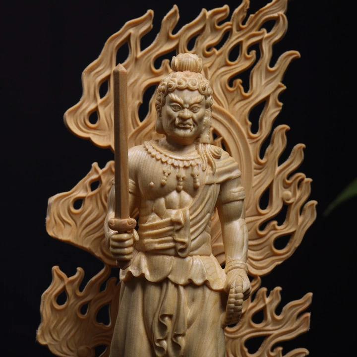 仏像 不動明王 不動尊 仏壇仏像 桧木製 原木 火円光 守り本尊 祈る 厄除け（高さ28cm×巾10cm×奥ふかさ10糎）