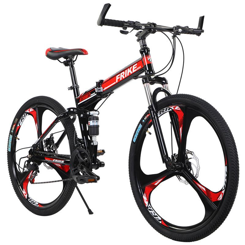 折りたたみ式マウンテンバイク、フルサスペンション高炭素鋼MTB自転車、21スピード、26インチホイール、デュアルディスクブレーキ滑り止