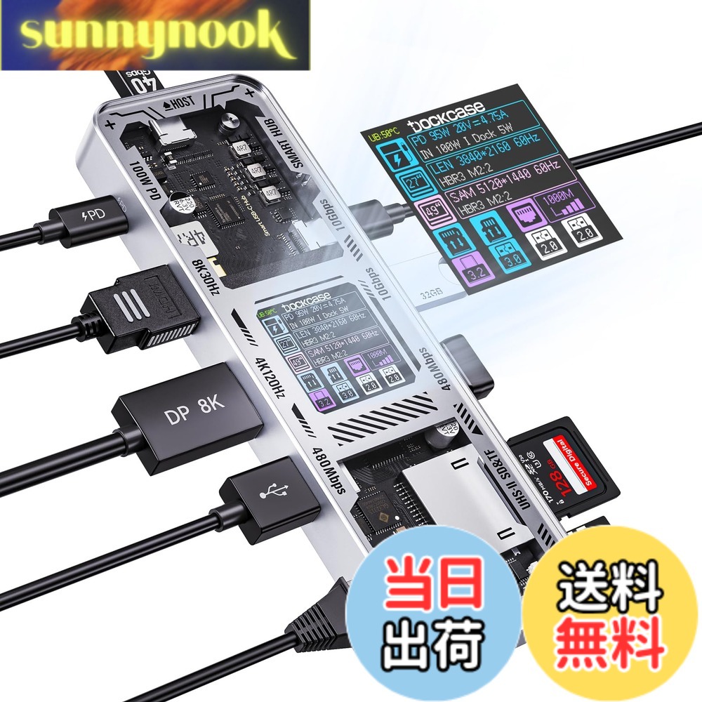 【送料無料】DOCKCASE 10-in-1 usb c ハブ スケルトン設計、4K@60Hz HDMI＆DP、Gigabit Ethernet、USB-CとUSB-A 10Gbpsデータポート搭載、100w PD急速充電、UHS-II TF/SDスロット MacBook Air/Pro, XPSなど対応 (Silver)