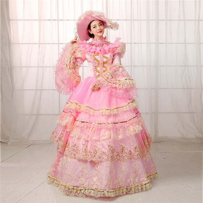 18世紀ヨーロッパ 宮廷衣装舞台服 ステージ衣装 レース プリンセスライン 姫袖ロココ調ドレス ロング ドレス ピンク 貴族風 豪華お姫様ドレス 舞台衣装 オペラに出演 S M L XL d9371c0c0z7