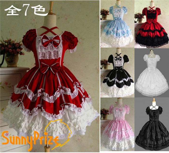 ゴスロリ ワンピース ロリータ ゴシック コスプレ メイド 全7色 衣装 コスチューム カラバリ豊富 かわいい リボン 原宿 お茶会 甘ロリ da280c0c0lc|サニープライズ 店