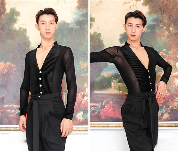 市場 男性 ウェア レッスン着 Tシャツ 社交ダンス ルンバ セクシー ラテン ダンス 練習着 トップス レオタード ワルツ 上着 メンズ 衣装 チャチャチャ