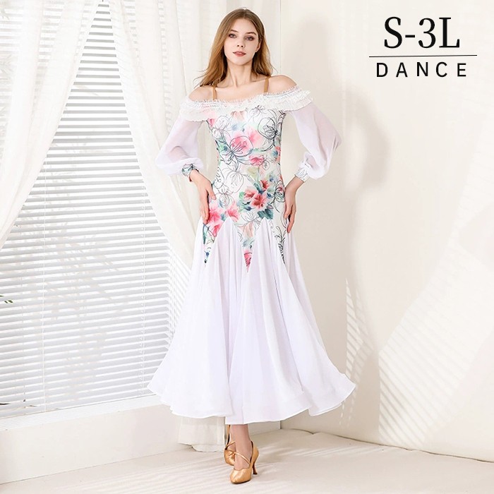 社交ダンス ドレス フリル モダンドレス 白 ホワイト 花柄 社交ダンス衣装 長袖 大きい裾 オフショルダー 肩出し モダン スタンダード ワルツ レディース ワンピース ダンス衣装 ステージ衣装 イベント   競技用 コンクール 練習着 レッスン 舞台用 演奏会 d1373d7d7m6 楽天市場】社交ダンス ドレス フリル モダンドレス 白 ホワイト 花柄