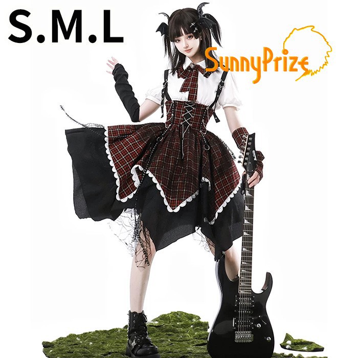 ロリータ ワンピース OP レディース ジャンパースカート ブラウス アームカバー チェック柄 ブラック&times;レッド 甘辛 ダークロリ 病みかわいい Y2K 地雷系 量?型 可愛い 上品 コスチューム 仮装 イベント ハロウィン S M L nd010lclcm7｜サニープライズ　店