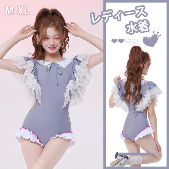 水着 レディース エンジェルスリーブ リボン パッド付き 学生風 かわいい フリル 透け感あり リボン 水着 肩出し 着痩せ セクシー 無地 コスプレ 衣装 撮影 写真用 映える 温泉 プール ビーチ ホワイト グレー M L XL df796m4m4x0