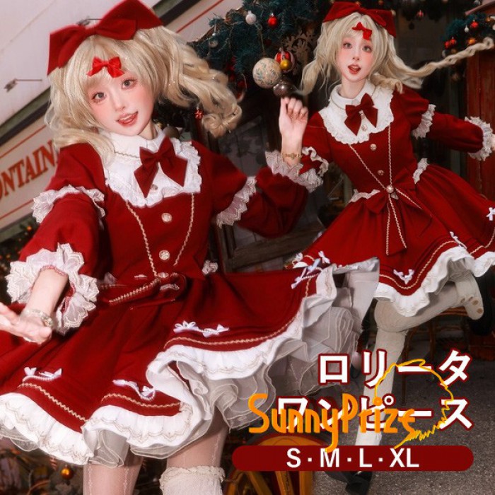 ロリータ ワンピース クリスマス 長袖 レディース リボン レース フリル 膝丈 赤 ロリータファッション 大きいサイズ S M L XL コスプレ 衣装 仮装 パーティ 学園祭 文化祭 イベント 新年会 可愛い mm107m4m4x0|サニープライズ 店