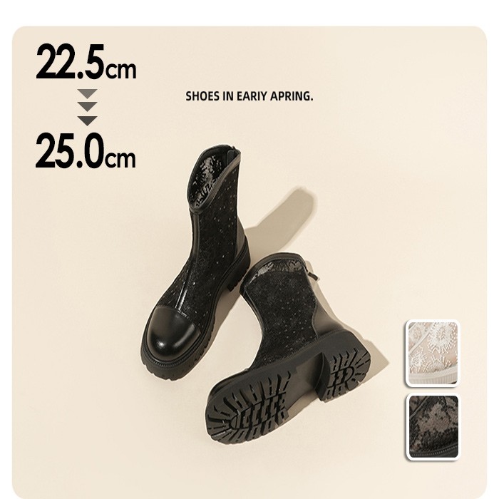 ブーツ レディース サマーブーツ ショートブーツ 夏 レース 透け感 ヒール5cm チャンキーヒール キャタピラーソール ガーリー かわいい 太いヒール レースアップ 春 秋 ミドルブーツ 厚底 ブラック オフホワイト di002m6m6lc｜サニープライズ　店