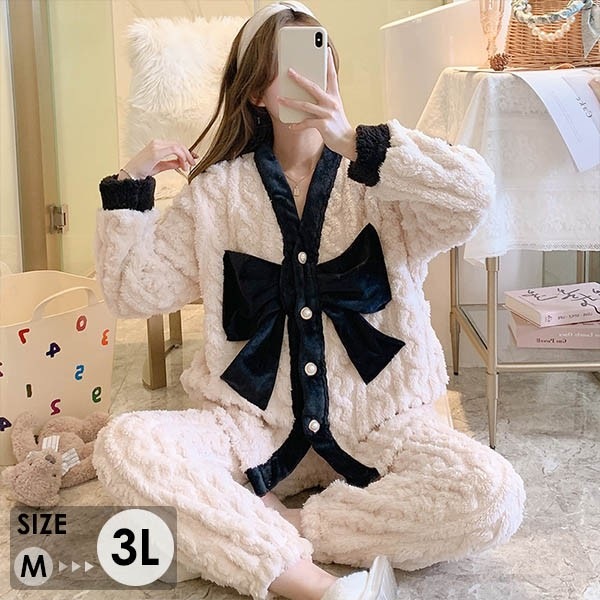 【楽天市場】もこもこパジャマ レディース ビッグリボン 冬 かわいい 長袖 ルームウェア もこもこ パジャマ 部屋着 寝間着 おうち時間 女性 ...
