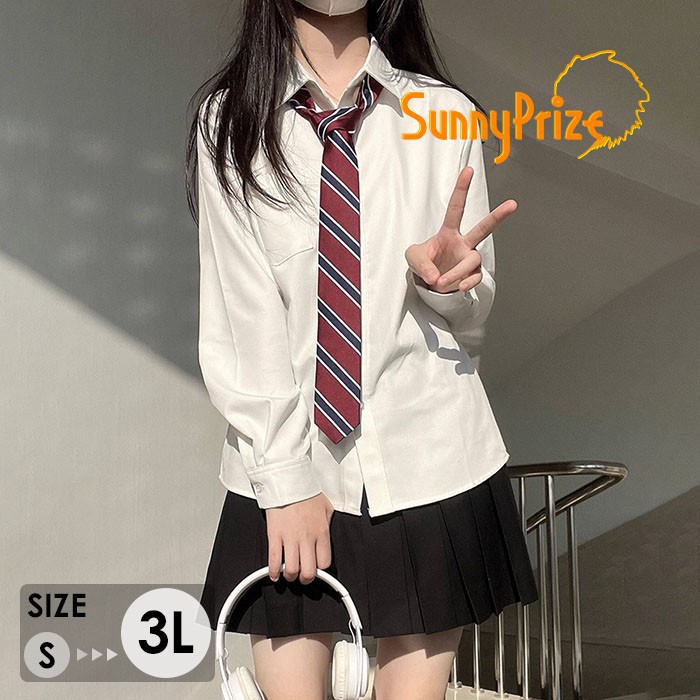 制服 シャツ スカート ネクタイ 3点セット レディース 長袖 半袖 白シャツ 黒 プリーツスカート JK風 韓国風 学生服 コスプレ 衣装 高校生風 中高生 女子高生 可愛い 量産型 女子 制服コーデ 文化祭 イベント 仮装 通学風 2L 3L ホワイト　ma003n1n1m7