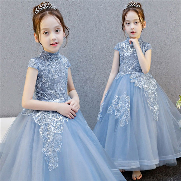 子供 ドレス ロング ピアノ 発表会 ワンピース 女の子 フラワーガール こども キッズドレス ブルー 160【100/110/120/130/140/150/160】da398s1s1x0｜サニープライズ　店