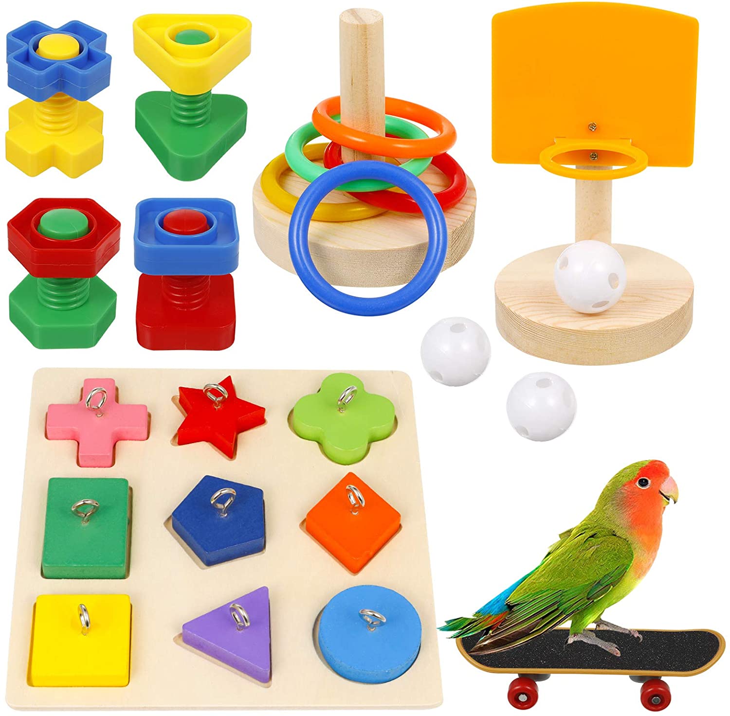 鳥のおもちゃ インコ玩具 バードトイ オウム おもちゃ 遊び場 ペット用品 鳥用品 知育玩具 訓練玩具 咀嚼玩具 スケートボード フェルール バスケットボール 木製 マルチカラー 8点セット