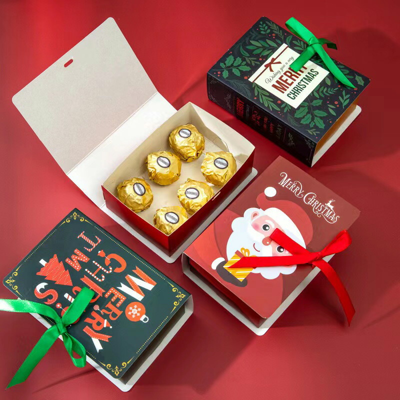 10個の本の形 ギフトボックス リボン付き クリスマス キャンデーボックス ラッピング 箱 フリップリッド ペーパーボックス  メリークリスマスキャンディーボックス クラフト ボックス 紙製 結婚式 誕生日用ボクス 贈り物 【希少！！】