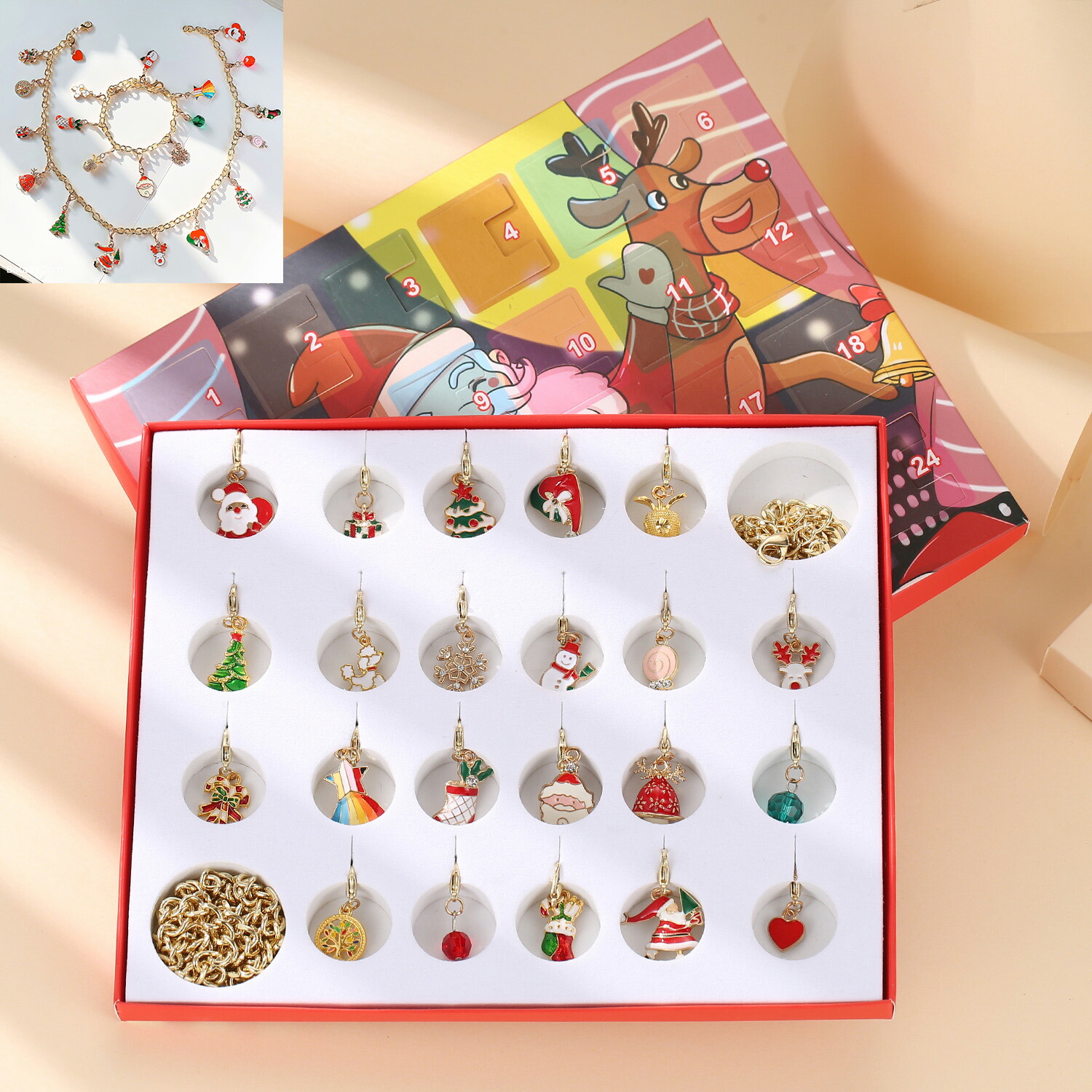 クリスマス カレンダー ブレスレット ネックレス ビーズセット DIY アクセサリーキット 手作り キラキラ メイキングトイ 女の子 おしゃれ 紐通しおもちゃ ひもとおしおもちゃ クリスマス プレゼント お誕生祝プレゼント