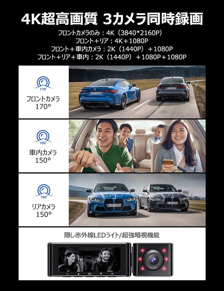 新作からSALEアイテム等お得な商品満載】 ドライブレコーダー 前後車内3カメラ AZDOME M550 高画質 4K wifi GPS搭載 駐車監視  WDR 暗視機能 常時 緊急録画 日本語 ドラレコ fucoa.cl