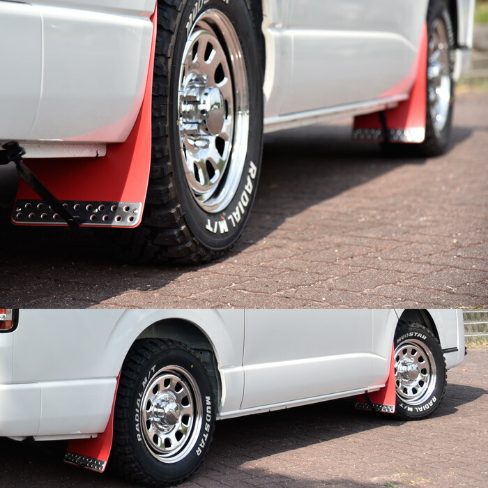 日産キャラバンE26大型マッドフラップ1台分セットアルミプレート付きレッドマッドガード泥除け外装カスタムパーツNV350キャラバン前期後期E261型2型3型