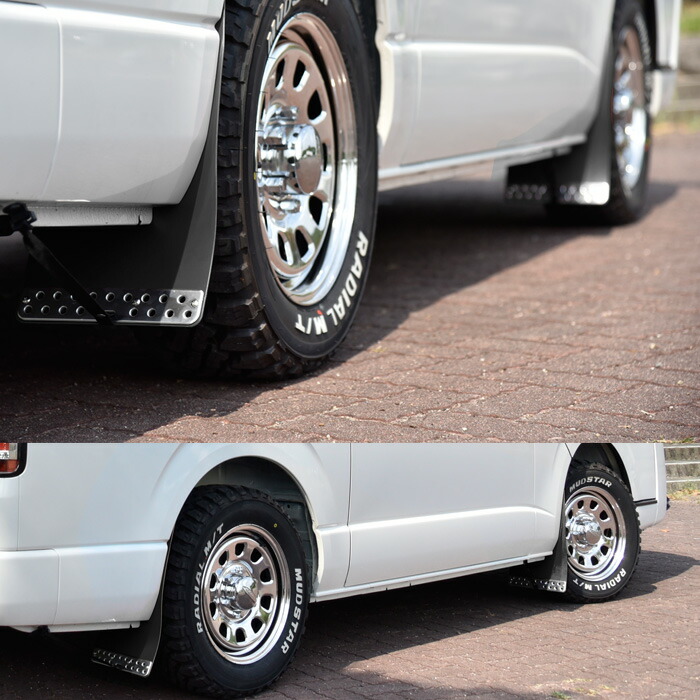 日産キャラバンE26大型マッドフラップ1台分セットアルミプレート付きブラックマッドガード泥除け外装カスタムパーツNV350キャラバン前期後期E261型2型3型