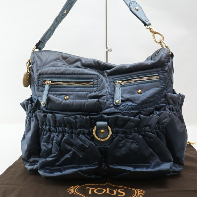 【中古】2412-55 トッズ マザーズバッグ ショルダーバッグ TOD’S ナイロン製 キルティング ネイビー系 おむつ替えシート付