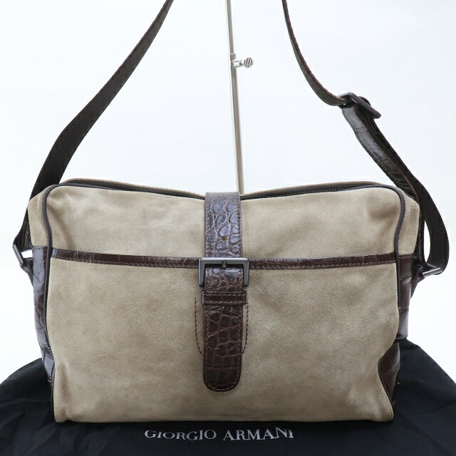 【中古】2508-45 アルマーニコレッツィオーニ ショルダーバッグ ARMANI COLLEZIONI スエードクロス×なめし革製 グレージュ系×赤銅色