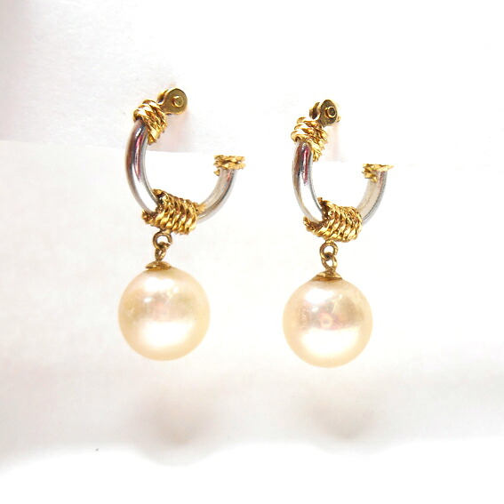 【K18　18金】【pt プラチナ】中折れフープピアス【パール】アクセサリー【送料無料】【クリスマス】｜お酒・宝飾のサンショップささき