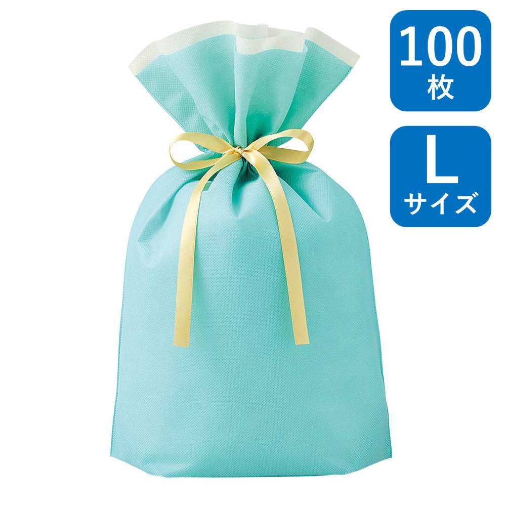 不織布リボン付巾着袋 マチ付き ミント L 100枚入 FK3122 310&times;120&times;430mm ラッピング袋 ギフト袋 巾着 巾着袋 不織布 ラッピング ギフト ギフトバッグ まとめ買い｜包装資材のHARU