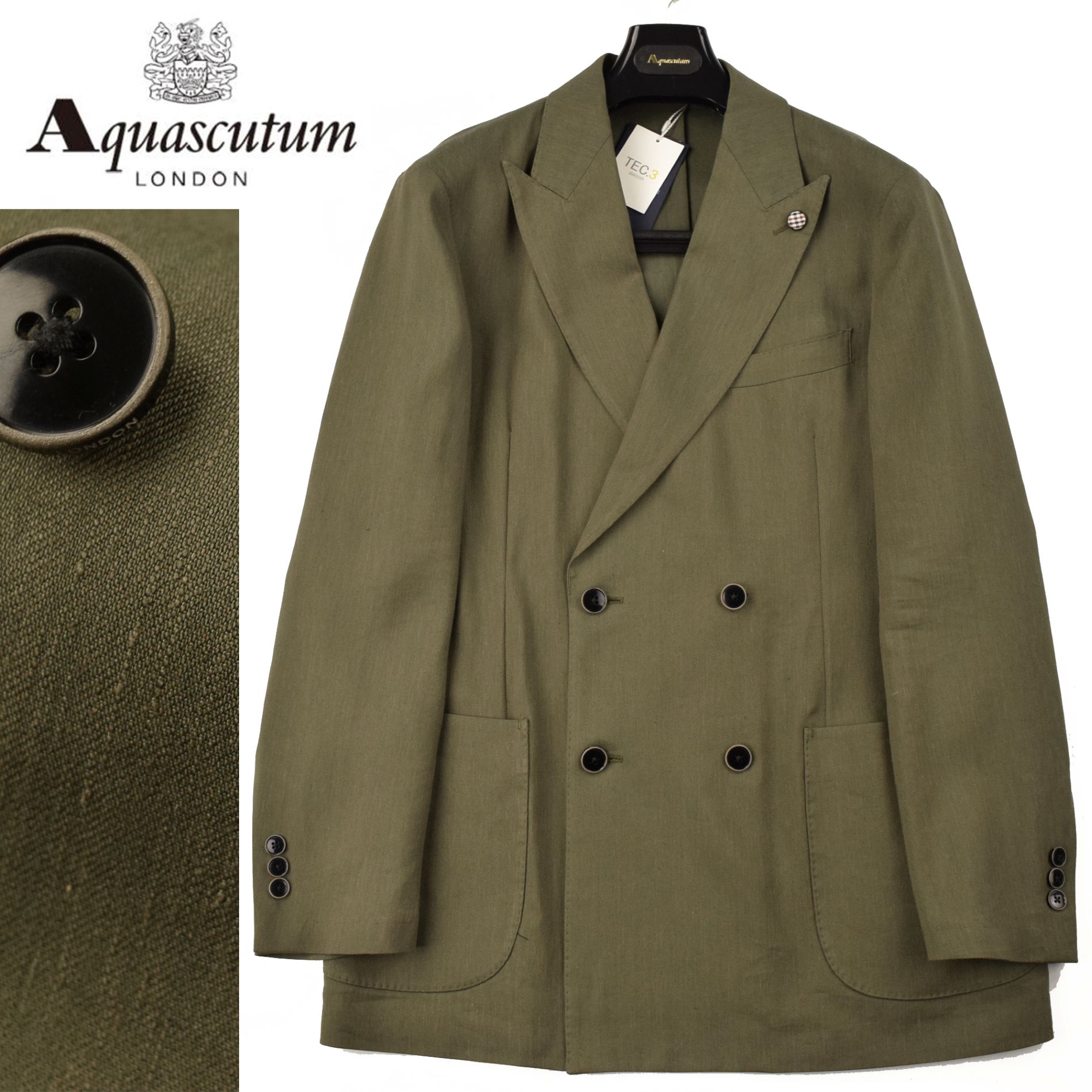 ◆Aquascutum アクアスキュータム◆【70％OFF】春夏モデル 定価 94,600円 日本製 TEC.3 リネンストレッチ ダブルブレストジャケット カーキ(38サイズ)｜スーペリア