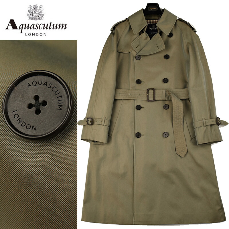 445 アクアスキュータム撥水加工チェック裏地比翼ラグランロング丈オリーブ系 445 アクアスキュータム撥水加工チェック裏地比翼ラグランロング