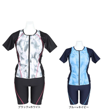 フィラ（FILA）（レディース）フィットネス水着 水泳 タイダイプリント 半袖ジップセパレート M-LLサイズ 315605 めくれ防止スナップ付き 上下セット