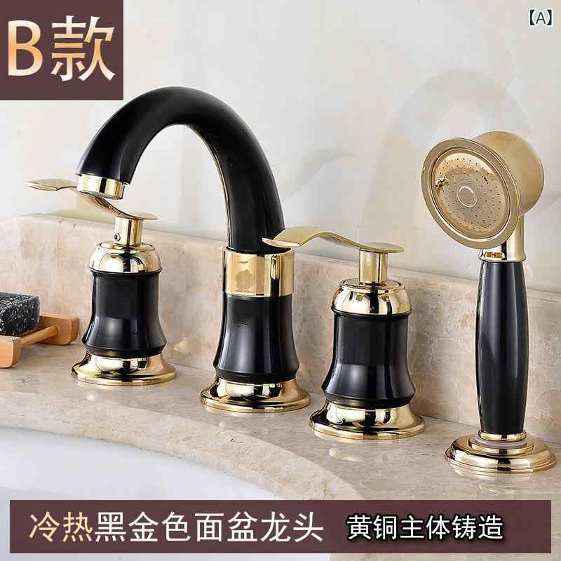 台面用水栓 顔盆用 分体式 座式 混水?? 三連式 銅アロイ製 黒白色彩設計 鋼絲管 美式 ・委古仕上 陶瓷片閥芯 抬?式