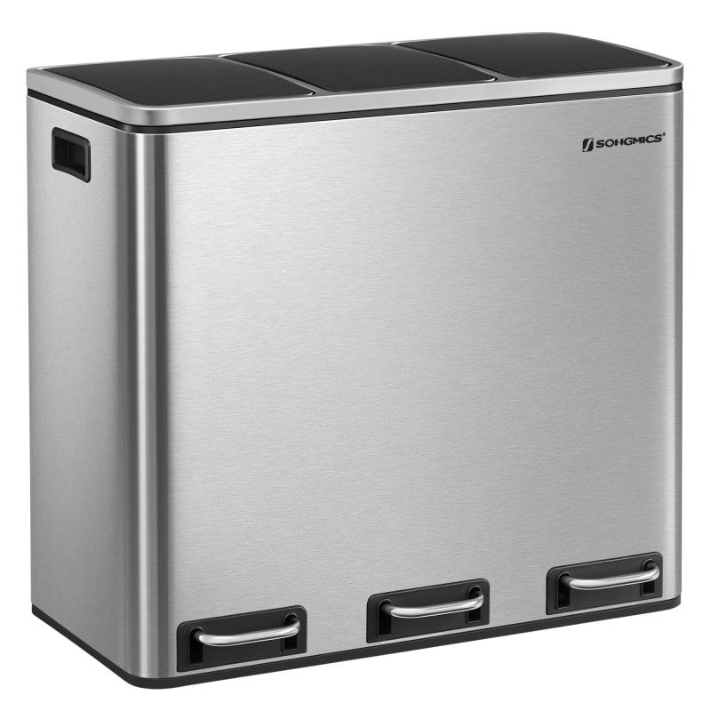 SONGMICS 紙くずかご 砂ぼこりボックス席 ペダル式 3カテゴリー化 3×18L 肌付き井戸釣瓶参 ステンレス鋼 密閉 音皆無 今めかしい 横型 室内 キチン 縁側 蓋付き添い人 LTB54NL