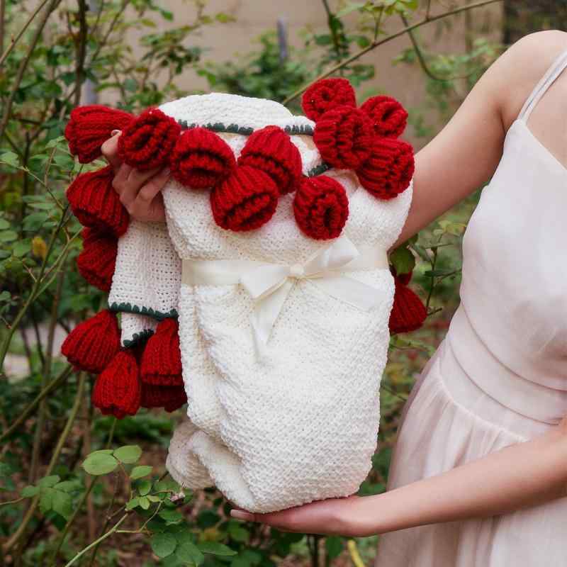 毛布 花柄 植物 赤 ピンク 白 ニット ショール オールシーズン 軽量 柔らか｜SUPERYOU